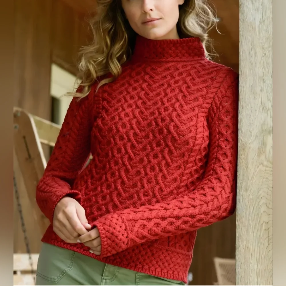 NWT - Aran Mor Women's 100% Merino Wool Polo Neck Sweater - Made In Ireland - M - Picture 2 of 11